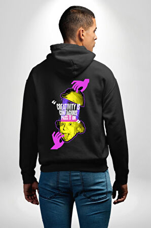 Einstein Retro Dil Çıkarma Devam Ettir Erkek Kadın Siyah Ön Sırt Baskılı Kapüşonlu Sweatshirt Hoodie