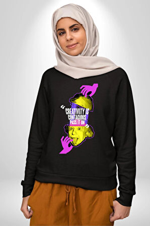 Einstein Retro Dil Çıkarma Devam Ettir Erkek Kadın Unisex Dijital Baskılı Siyah Sweatshirt