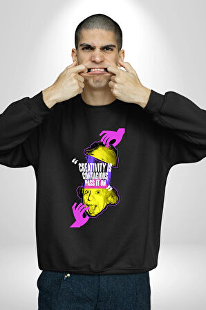 Einstein Retro Dil Çıkarma Devam Ettir Erkek Kadın Unisex Dijital Baskılı Siyah Sweatshirt