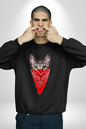 Maske Gangester Kedi Erkek Kadın Unisex Dijital Baskılı Siyah Sweatshirt