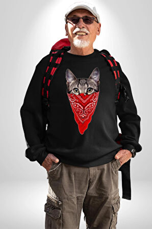 Maske Gangester Kedi Erkek Kadın Unisex Dijital Baskılı Siyah Sweatshirt