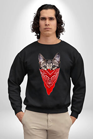 Maske Gangester Kedi Erkek Kadın Unisex Dijital Baskılı Siyah Sweatshirt