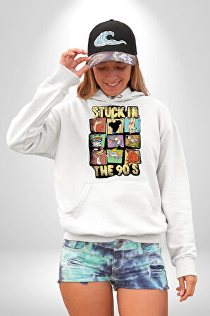 Retro 90'lar Çizgi Film Tasarım Erkek Kadın Beyaz Dijital Baskılı Kapüşonlu Sweatshirt Hoodie