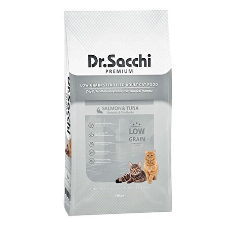 Dr.Sacchi Premium Düşük Tahıllı Somonlu ve Ton Balıklı Kısırlaştırılmış Kedi Maması 10 Kg