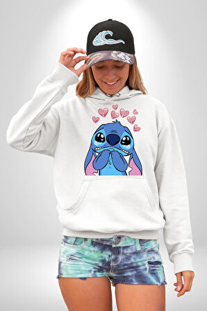 Stitch Tasarım Karakter Poster
 Erkek Kadın Beyaz Dijital Baskılı Kapüşonlu Sweatshirt Hoodie