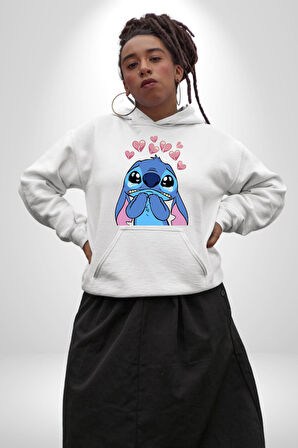 Stitch Tasarım Karakter Poster
 Erkek Kadın Beyaz Dijital Baskılı Kapüşonlu Sweatshirt Hoodie