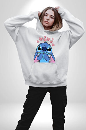 Stitch Tasarım Karakter Poster
 Erkek Kadın Beyaz Dijital Baskılı Kapüşonlu Sweatshirt Hoodie
