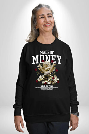Aşk Meleği Para Kazandım Hayat Tavsiyesi Erkek Kadın Unisex Dijital Baskılı Siyah Sweatshirt