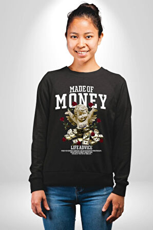 Aşk Meleği Para Kazandım Hayat Tavsiyesi Erkek Kadın Unisex Dijital Baskılı Siyah Sweatshirt