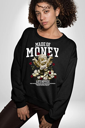 Aşk Meleği Para Kazandım Hayat Tavsiyesi Erkek Kadın Unisex Dijital Baskılı Siyah Sweatshirt