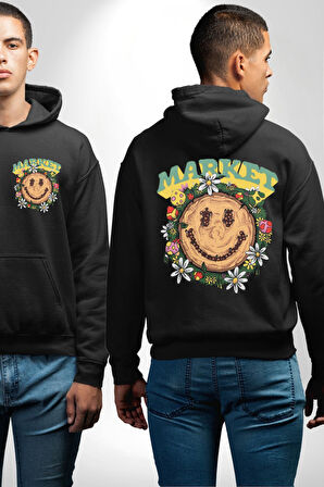 Gülen Market Ağaç Çiçek Mantar Erkek Kadın Siyah Ön Sırt Baskılı Kapüşonlu Sweatshirt Hoodie