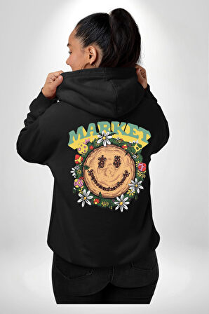 Gülen Market Ağaç Çiçek Mantar Erkek Kadın Siyah Ön Sırt Baskılı Kapüşonlu Sweatshirt Hoodie