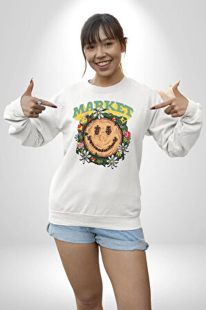 Gülen Market Ağaç Çiçek Mantar Erkek Kadın Unisex Dijital Baskılı Beyaz Sweatshirt