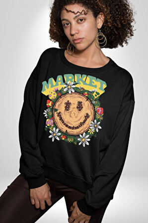 Gülen Market Ağaç Çiçek Mantar Erkek Kadın Unisex Dijital Baskılı Siyah Sweatshirt