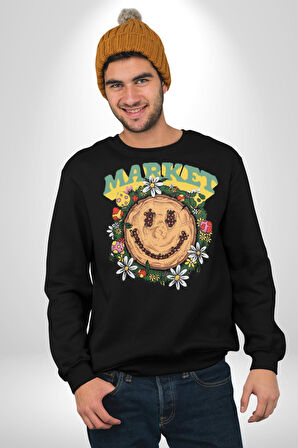 Gülen Market Ağaç Çiçek Mantar Erkek Kadın Unisex Dijital Baskılı Siyah Sweatshirt