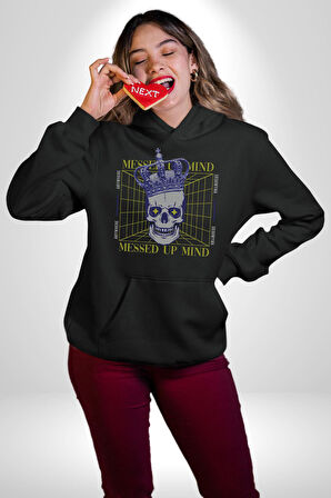 Adil Zihin Karışın Zihin Kral İskelet Erkek Kadın Siyah Dijital Baskılı Kapüşonlu Sweatshirt Hoodie