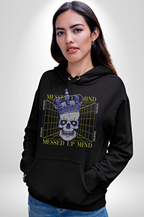 Adil Zihin Karışın Zihin Kral İskelet Erkek Kadın Siyah Dijital Baskılı Kapüşonlu Sweatshirt Hoodie