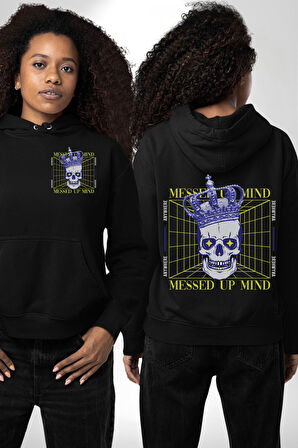 Adil Zihin Karışın Zihin Kral İskelet Erkek Kadın Siyah Ön Sırt Baskılı Kapüşonlu Sweatshirt Hoodie