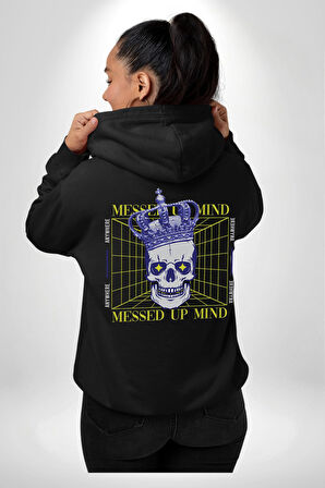 Adil Zihin Karışın Zihin Kral İskelet Erkek Kadın Siyah Ön Sırt Baskılı Kapüşonlu Sweatshirt Hoodie