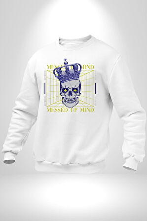Adil Zihin Karışın Zihin Kral İskelet Erkek Kadın Unisex Dijital Baskılı Beyaz Sweatshirt