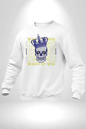 Adil Zihin Karışın Zihin Kral İskelet Erkek Kadın Unisex Dijital Baskılı Beyaz Sweatshirt