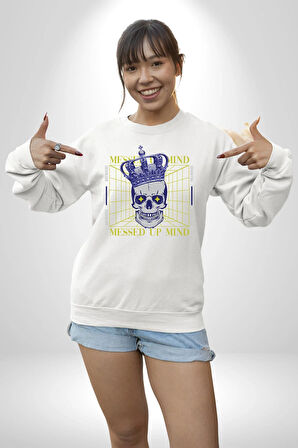 Adil Zihin Karışın Zihin Kral İskelet Erkek Kadın Unisex Dijital Baskılı Beyaz Sweatshirt