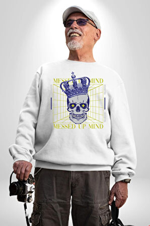 Adil Zihin Karışın Zihin Kral İskelet Erkek Kadın Unisex Dijital Baskılı Beyaz Sweatshirt