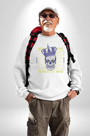 Adil Zihin Karışın Zihin Kral İskelet Erkek Kadın Unisex Dijital Baskılı Beyaz Sweatshirt
