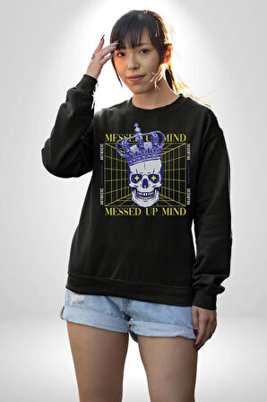 Adil Zihin Karışın Zihin Kral İskelet Erkek Kadın Unisex Dijital Baskılı Siyah Sweatshirt