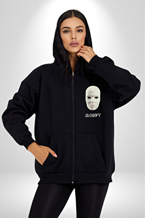 Boyanabilir Maskı Sokak Stili Erkek Kadın Siyah Fermuarlı Baskılı Hırka Sweatshirt