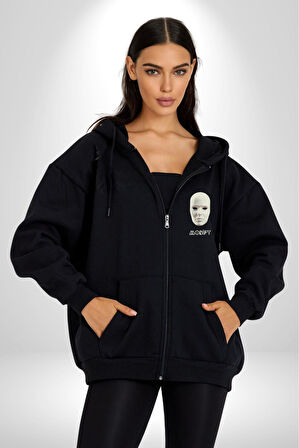 Boyanabilir Maskı Sokak Stili Erkek Kadın Siyah Fermuarlı Baskılı Hırka Sweatshirt