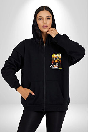 Monalisa Elektrik Özel Yapay Zeka Tasarımı  Erkek Kadın Siyah Fermuarlı Baskılı Hırka Sweatshirt