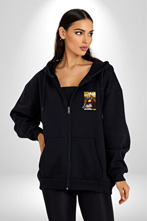 Monalisa Elektrik Özel Yapay Zeka Tasarımı  Erkek Kadın Siyah Fermuarlı Baskılı Hırka Sweatshirt