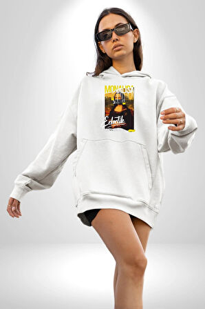 Monalisa Elektrik Özel Yapay Zeka Tasarımı  Erkek Kadın Beyaz Dijital Baskılı Kapüşonlu Sweatshirt Hoodie