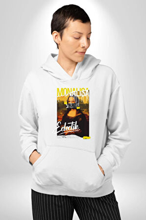 Monalisa Elektrik Özel Yapay Zeka Tasarımı  Erkek Kadın Beyaz Dijital Baskılı Kapüşonlu Sweatshirt Hoodie