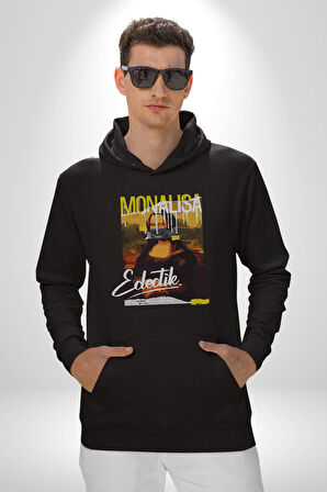 Monalisa Elektrik Özel Yapay Zeka Tasarımı  Erkek Kadın Siyah Dijital Baskılı Kapüşonlu Sweatshirt Hoodie