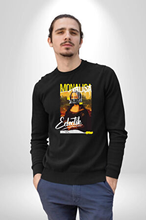 Monalisa Elektrik Özel Yapay Zeka Tasarımı  Erkek Kadın Unisex Dijital Baskılı Siyah Sweatshirt