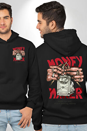 Uyan Ve Para Kazanmaya Başla Sokak Style Erkek Kadın Siyah Ön Sırt Baskılı Kapüşonlu Sweatshirt Hoodie