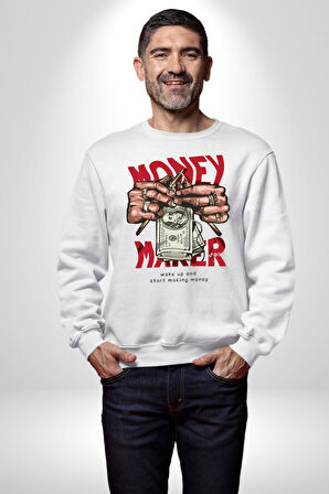 Uyan Ve Para Kazanmaya Başla Sokak Style Erkek Kadın Unisex Dijital Baskılı Beyaz Sweatshirt