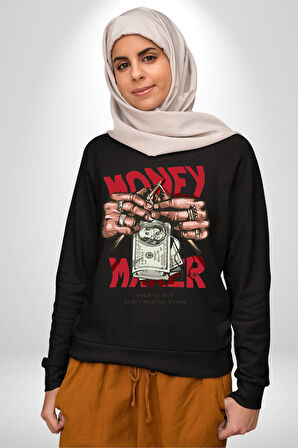 Uyan Ve Para Kazanmaya Başla Sokak Style Erkek Kadın Unisex Dijital Baskılı Siyah Sweatshirt