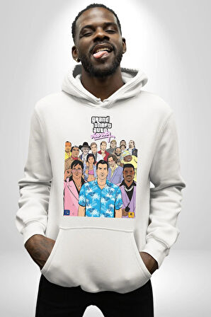 GTA Vice City Retro Tasarım Poster Erkek Kadın Beyaz Dijital Baskılı Kapüşonlu Sweatshirt Hoodie