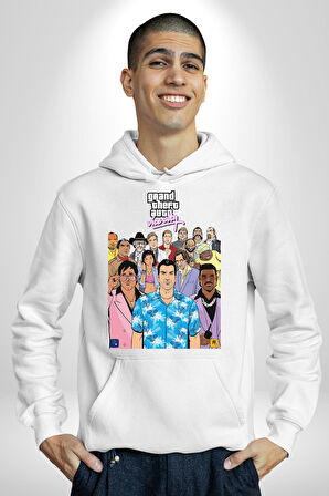 GTA Vice City Retro Tasarım Poster Erkek Kadın Beyaz Dijital Baskılı Kapüşonlu Sweatshirt Hoodie