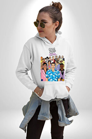 GTA Vice City Retro Tasarım Poster Erkek Kadın Beyaz Dijital Baskılı Kapüşonlu Sweatshirt Hoodie