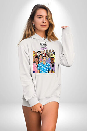 GTA Vice City Retro Tasarım Poster Erkek Kadın Beyaz Dijital Baskılı Kapüşonlu Sweatshirt Hoodie