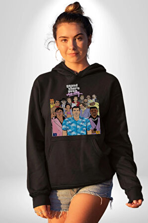GTA Vice City Retro Tasarım Poster Erkek Kadın Siyah Dijital Baskılı Kapüşonlu Sweatshirt Hoodie