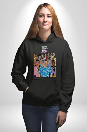 GTA Vice City Retro Tasarım Poster Erkek Kadın Siyah Dijital Baskılı Kapüşonlu Sweatshirt Hoodie