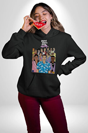 GTA Vice City Retro Tasarım Poster Erkek Kadın Siyah Dijital Baskılı Kapüşonlu Sweatshirt Hoodie