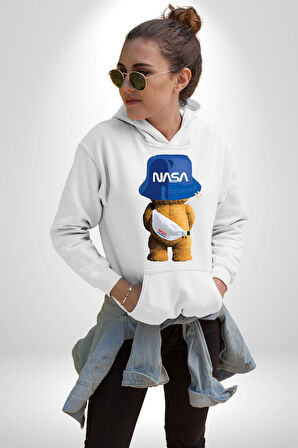 Nasa Moda Trend Ayı Teddy Bel Çantası Erkek Kadın Beyaz Dijital Baskılı Kapüşonlu Sweatshirt Hoodie