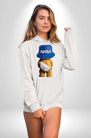 Nasa Moda Trend Ayı Teddy Bel Çantası Erkek Kadın Beyaz Dijital Baskılı Kapüşonlu Sweatshirt Hoodie