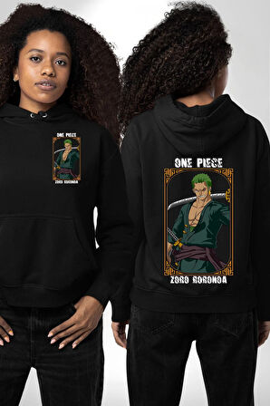 One Piece Anime Roronoa Zoro Erkek Kadın Siyah Ön Sırt Baskılı Kapüşonlu Sweatshirt Hoodie